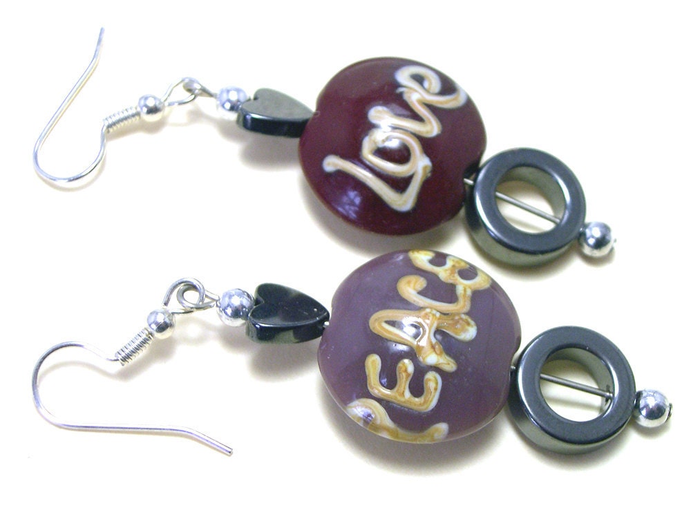 Peace Love Boho Earrings, hippie boho earrings, peace love earrings, dangle, eco friendly, upcycled earrings, recycled, boho jewelry
