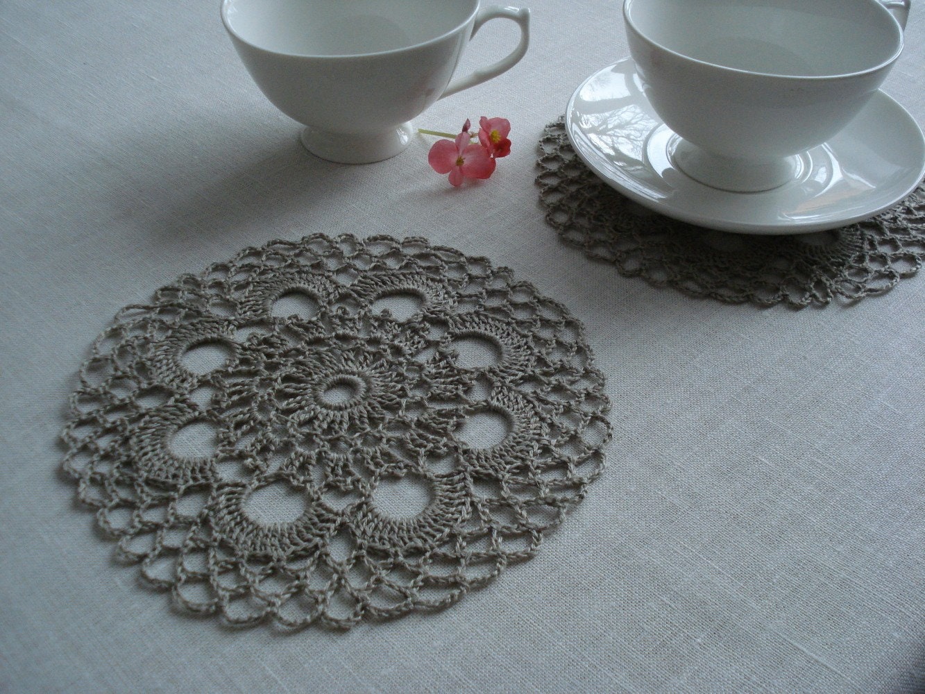 Linen Coasters / Delicate Doilies.SET OF 2. Natural , undyed linen .Hand Crocheted.
