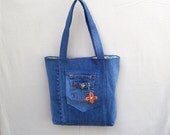 Spring Flower - blue denim tote with embroidered flowers, handmade from recycled jeans