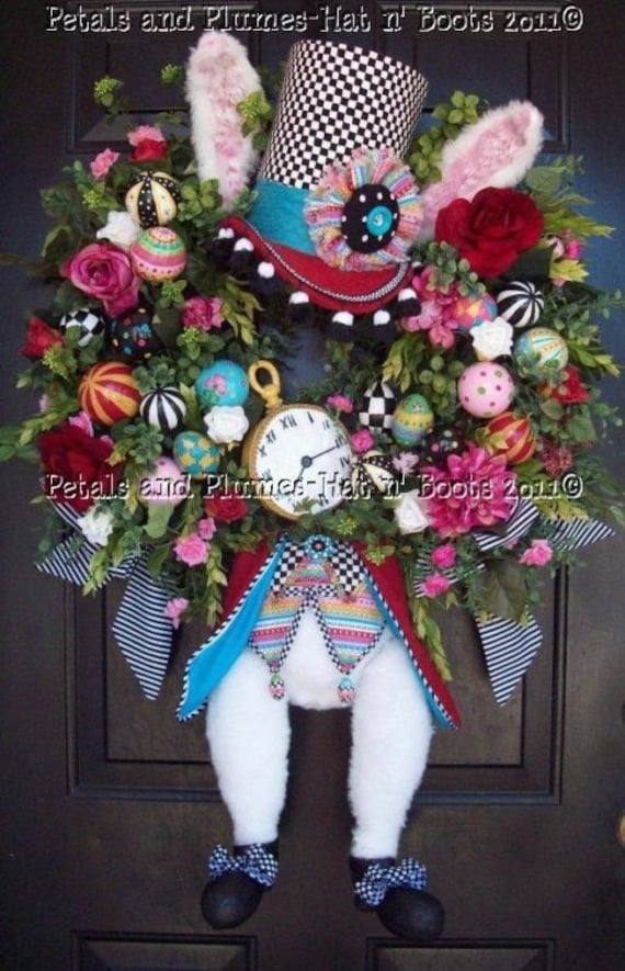 MADE to ORDER "ThE HaTteR RaBbiT"-Easter Bunny Wreath- Spring Wreath -Petals & Plumes Original Design