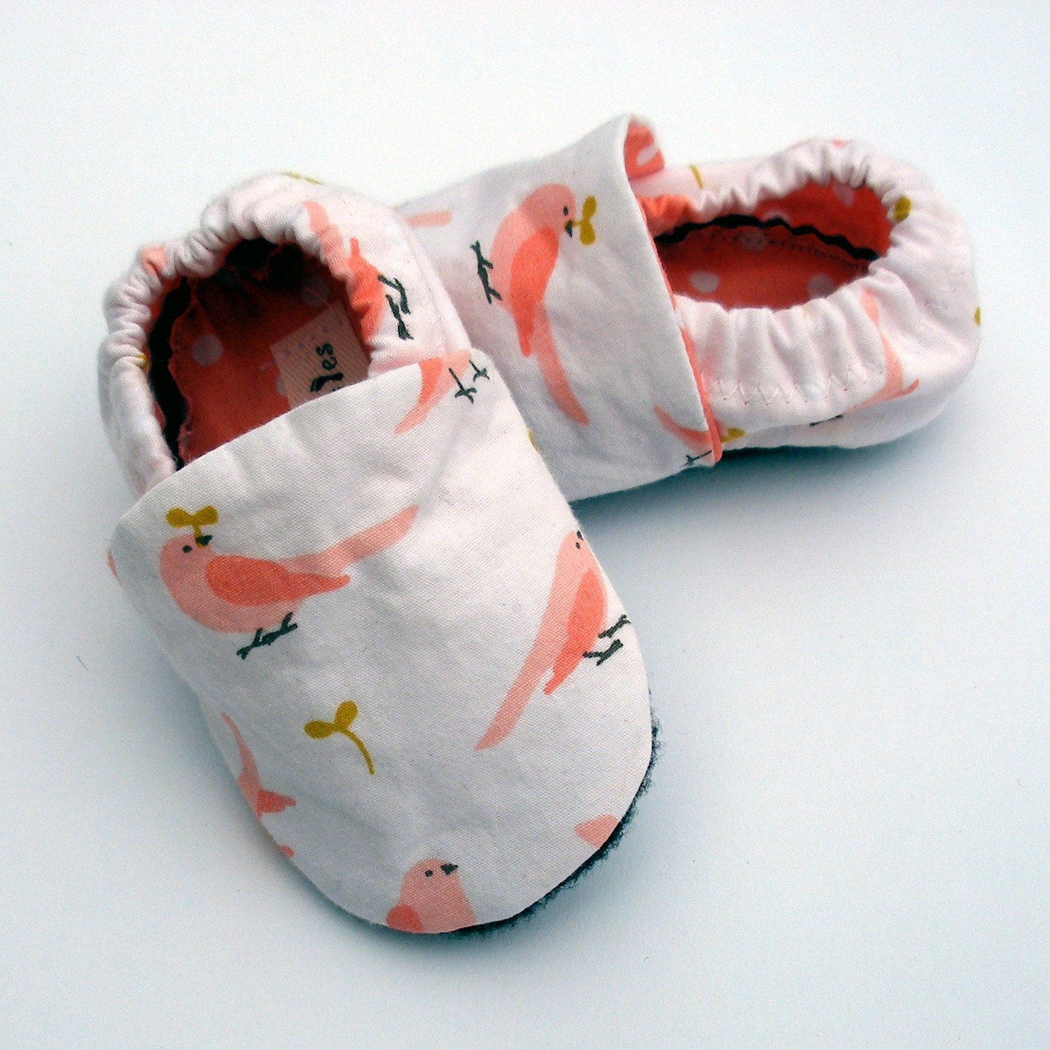 Organic Baby Shoes- Girl 0 3 6 12 months - Organic Cotton Pink Bird Handmade with Eco Felt Soles Children Clothing Baby Booties Eco Friendly