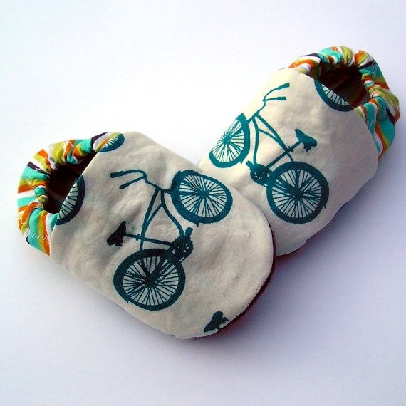 Organic Cotton Bicycle Baby Shoes- Eco Friendly Clothing Unisex Cruiser Blue Bike - Teal 0 3 6 12 18 months - Baby Clothes Gift for Baby
