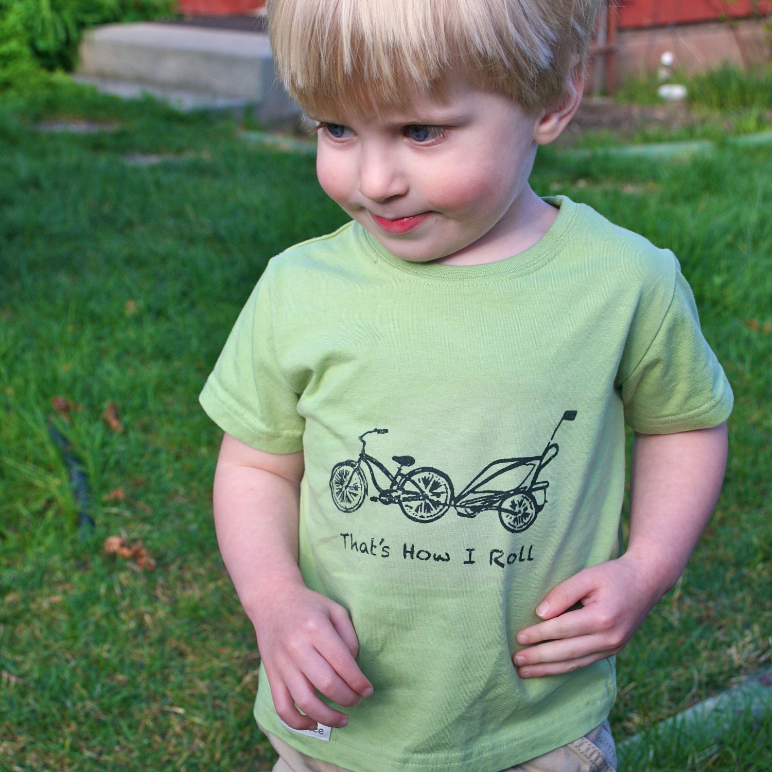 Cruiser Bike and Chariot Organic Sage Green 2T 4T or 6T SHORT Sleeve shirt- hand-drawn and printed That's How I Roll - Fair Trade Certified