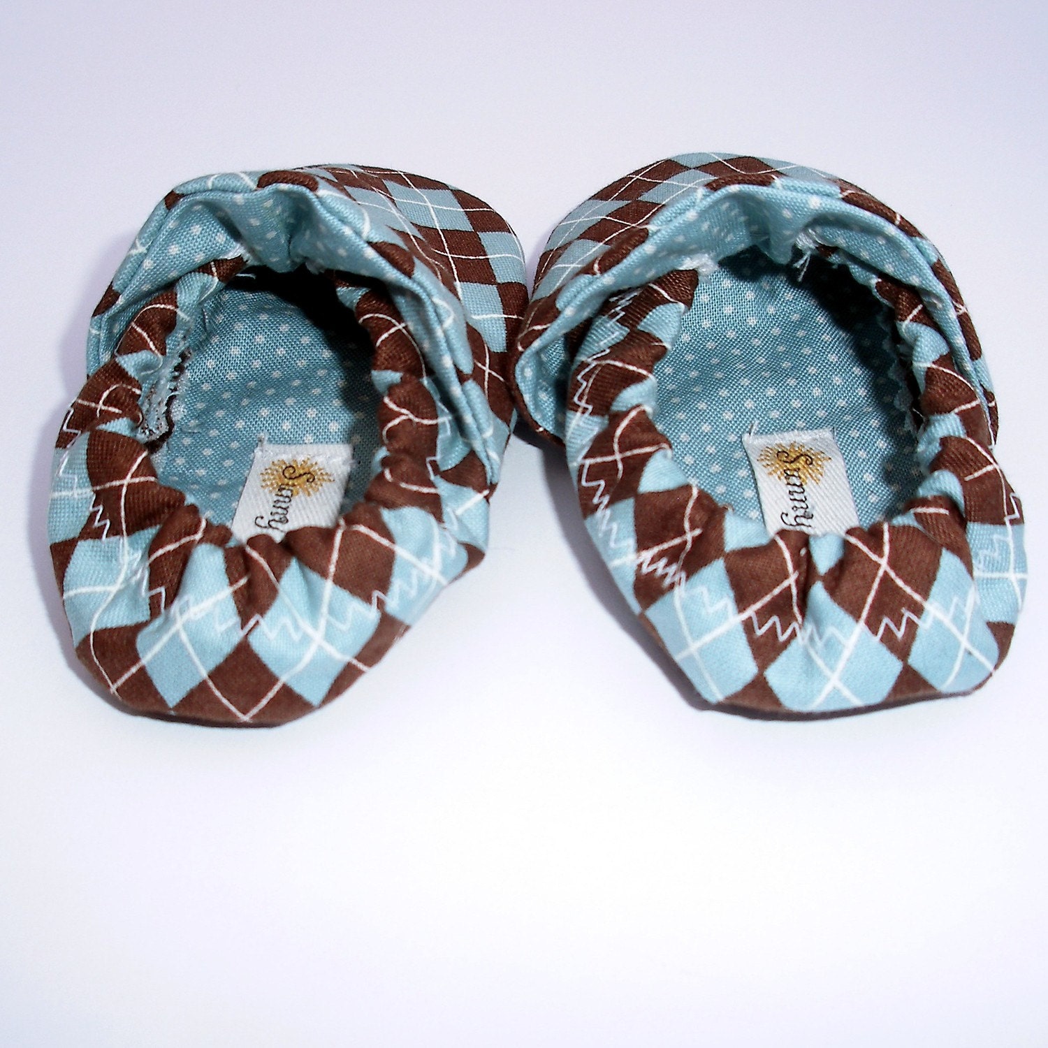 Baby Shoes- Handmade Unisex Argyle Crib Shoes in Brown and Blue- Size 0 3 6 12 months Booties- Baby Clothes