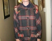 50s Car Coat Plaid Fringe, wool black red white blue, shawl collar Large