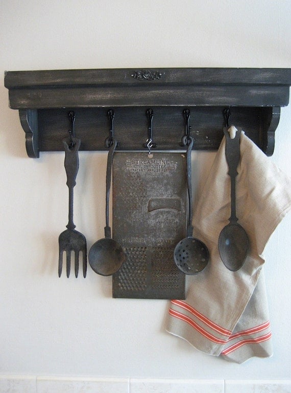 Reserved   Vintage Kitchen Utensils and Shelf