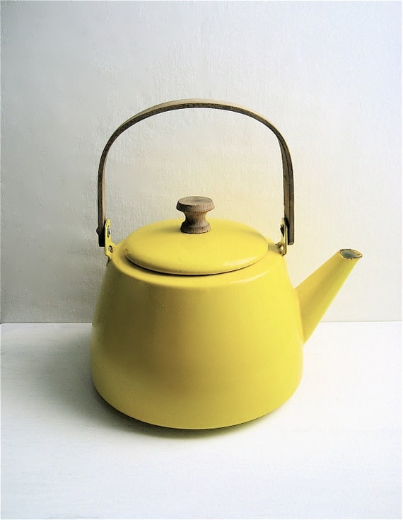 Vintage Yellow Enamel Teapot Wooden Handle