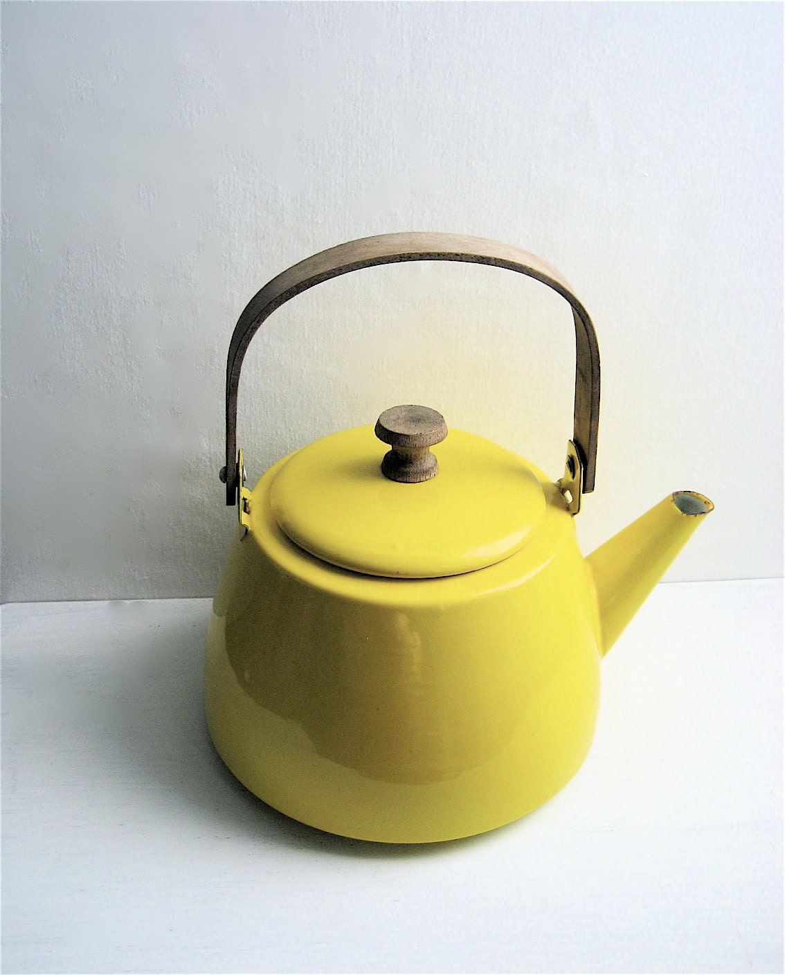 Vintage Yellow Enamel Teapot Wooden Handle