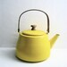 Vintage Yellow Enamel Teapot Wooden Handle