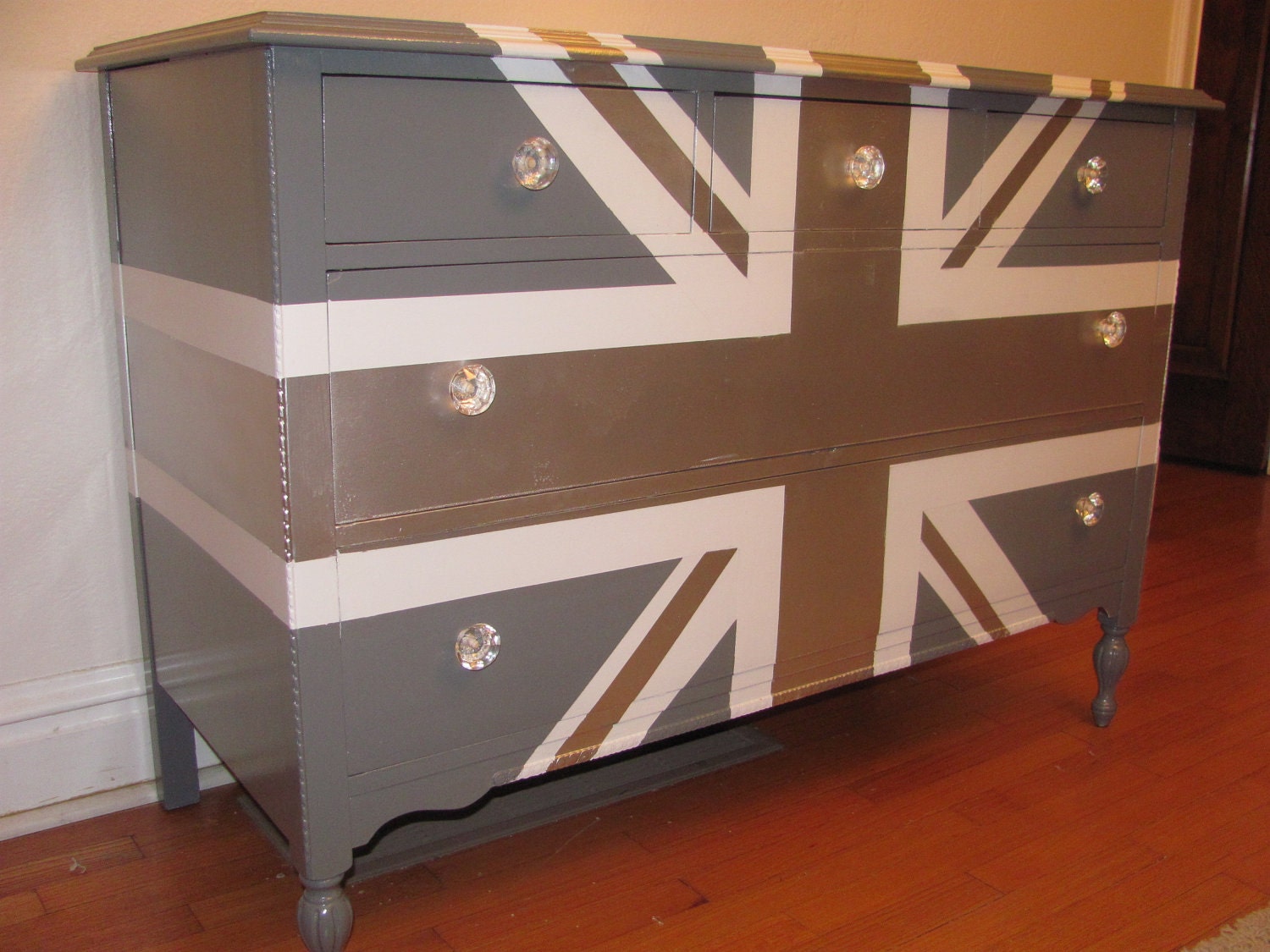 ReLoved and UpCycled - Stunning Antique Union Jack Silver Grey and White High Gloss Dresser