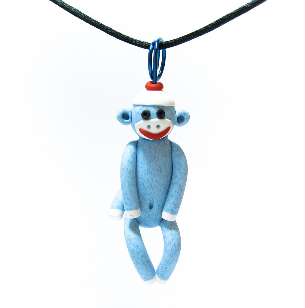 Blue Sock Monkey Ornament for Car Mirror or Holiday Tree in Polymer Clay