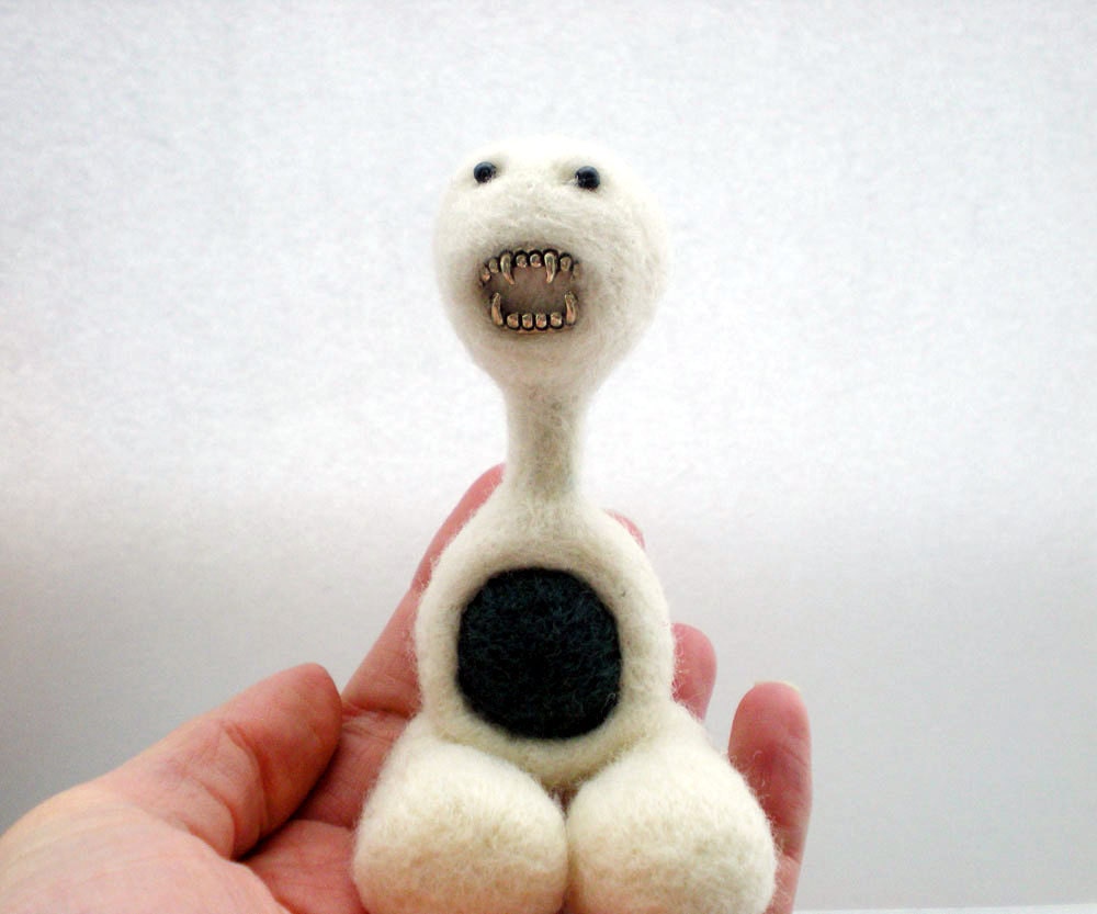 Angry White Felt Feep - Needle Felted Character with Metal Teeth