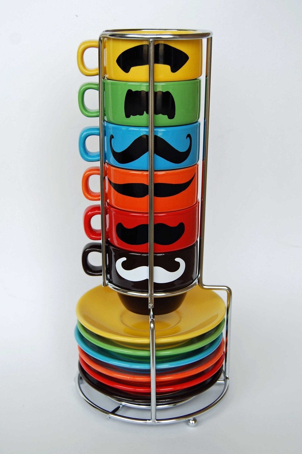 Multi Color Mustache Espresso Mugs and Saucers - set of 6 and a chrome holder - featured in Latina magazine