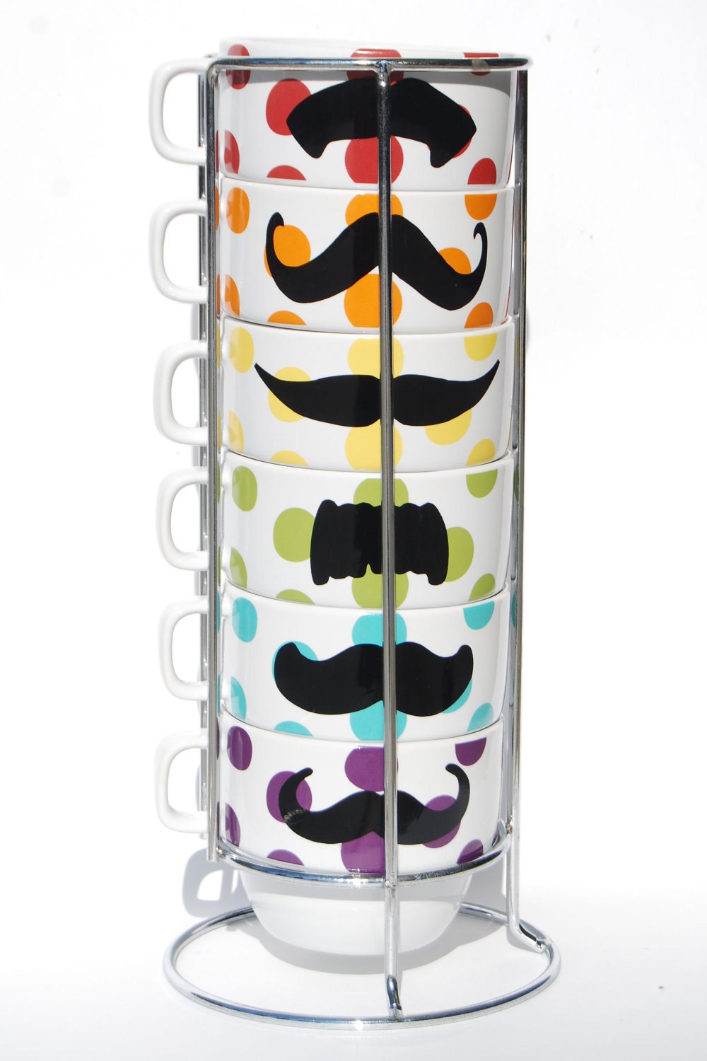 LAST ONE - Multi Color Polka Dot Mustache Coffee Mugs - set of 6 stackable mugs and chrome holder