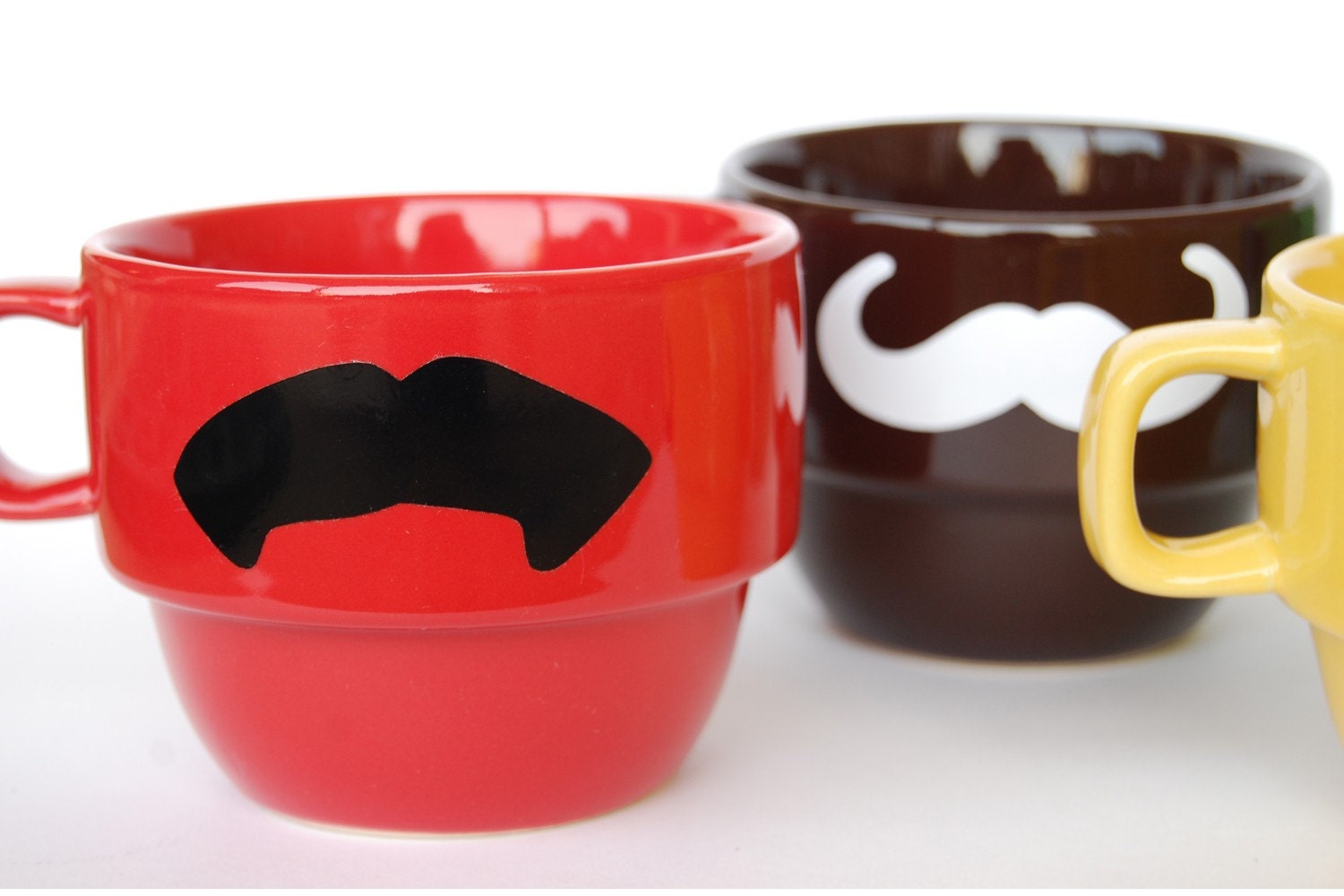 Multi Color Mustache Coffee Mugs - set of 6 stackable mugs and chrome holder - featured in PEOPLE magazine