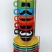 Multi Color Mustache Espresso Mugs and Saucers - set of 6 and a chrome holder - featured in Latina magazine