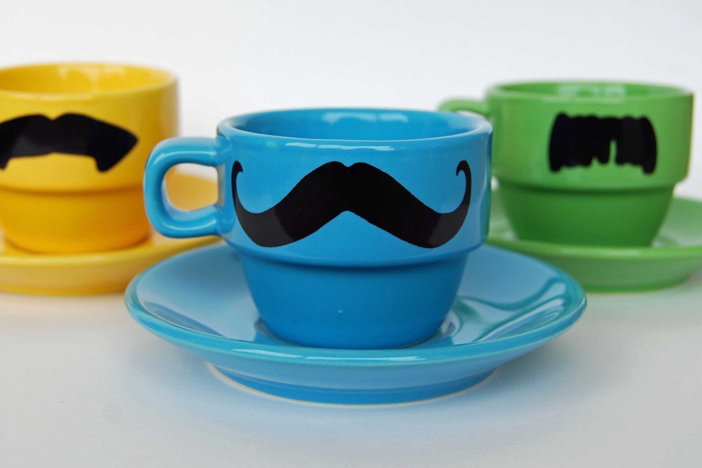 Multi Color Mustache Espresso Mugs and Saucers - set of 6 and a chrome holder - featured in Latina magazine