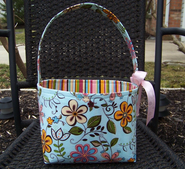 Springtime Flowers in Light Turquoise and Pink Fabric Easter Basket - Made to Order - Personalization Included - Great for Mothers Day