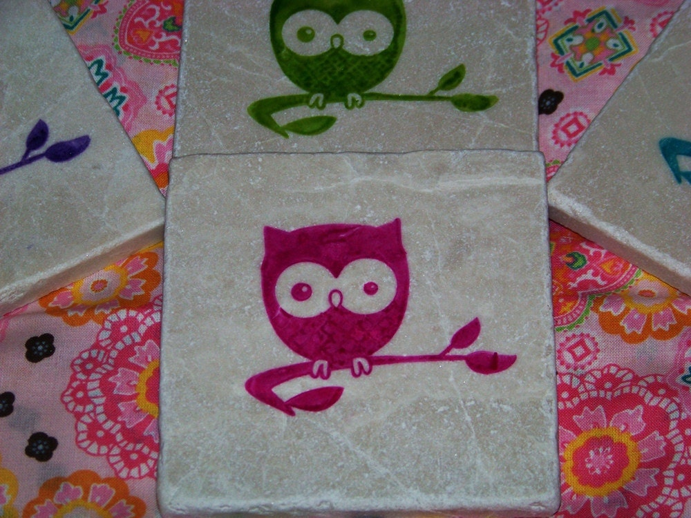 Cute Owls in Hot Pink Teal Lime Green and Purple - Hand Stamped Travertine Tile Coasters - Set of 4 - Personalization Included