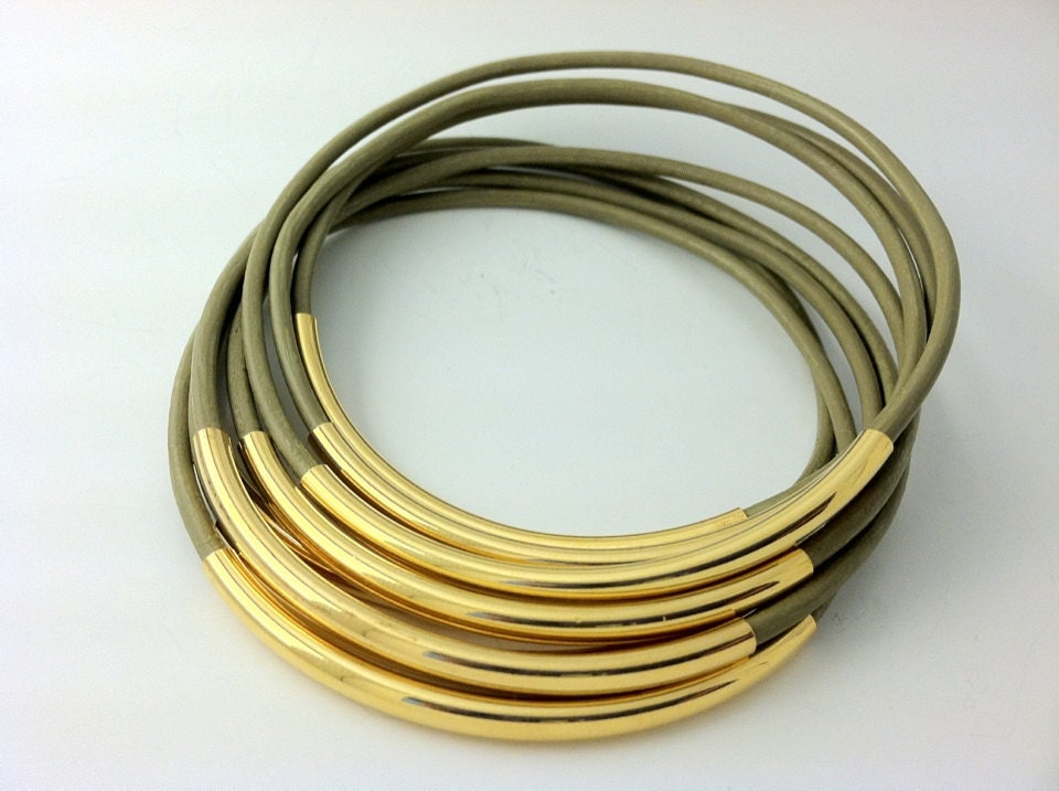 Sage  leather Bangles with Gold or Silver Tubes