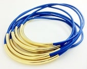 Blue Leather Bangles with Gold or silver tube accents