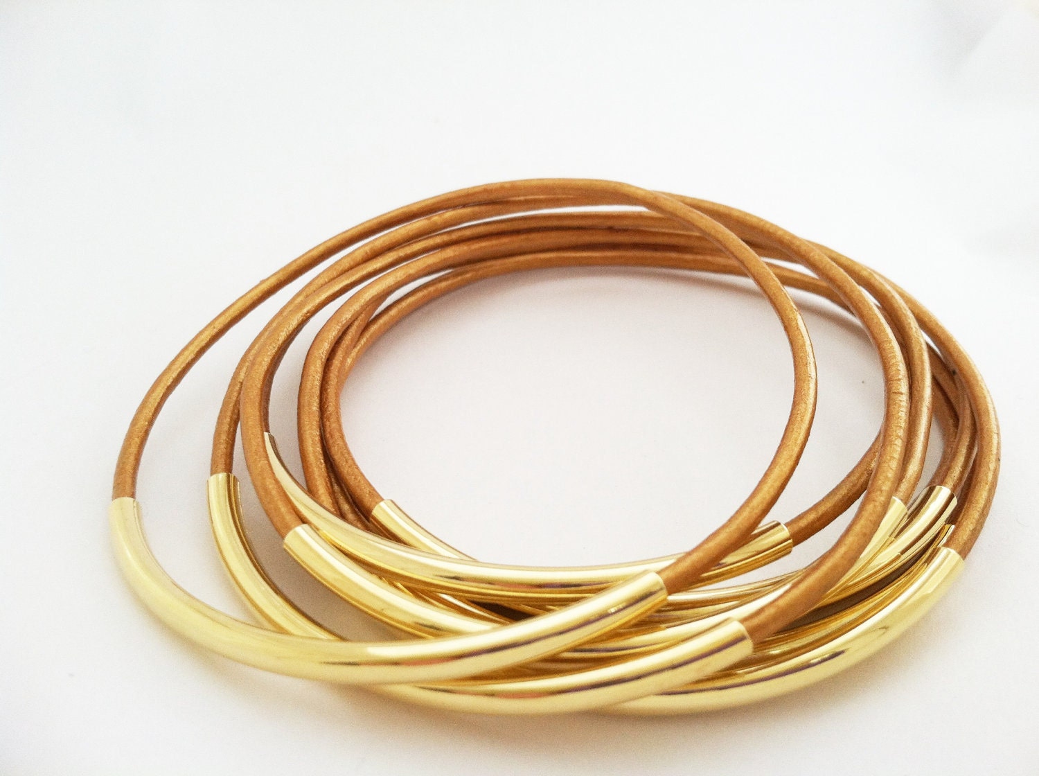 Indian Sun Leather Bangle with Gold or Silver Tube Accents