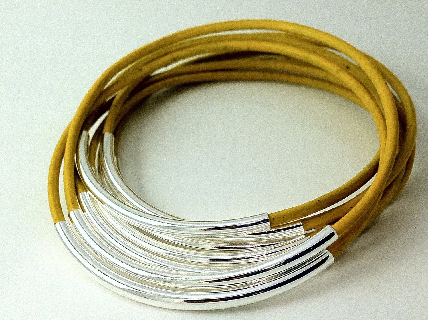 Yellow leather bangles with Silver Tube Beads, Leather bracelet