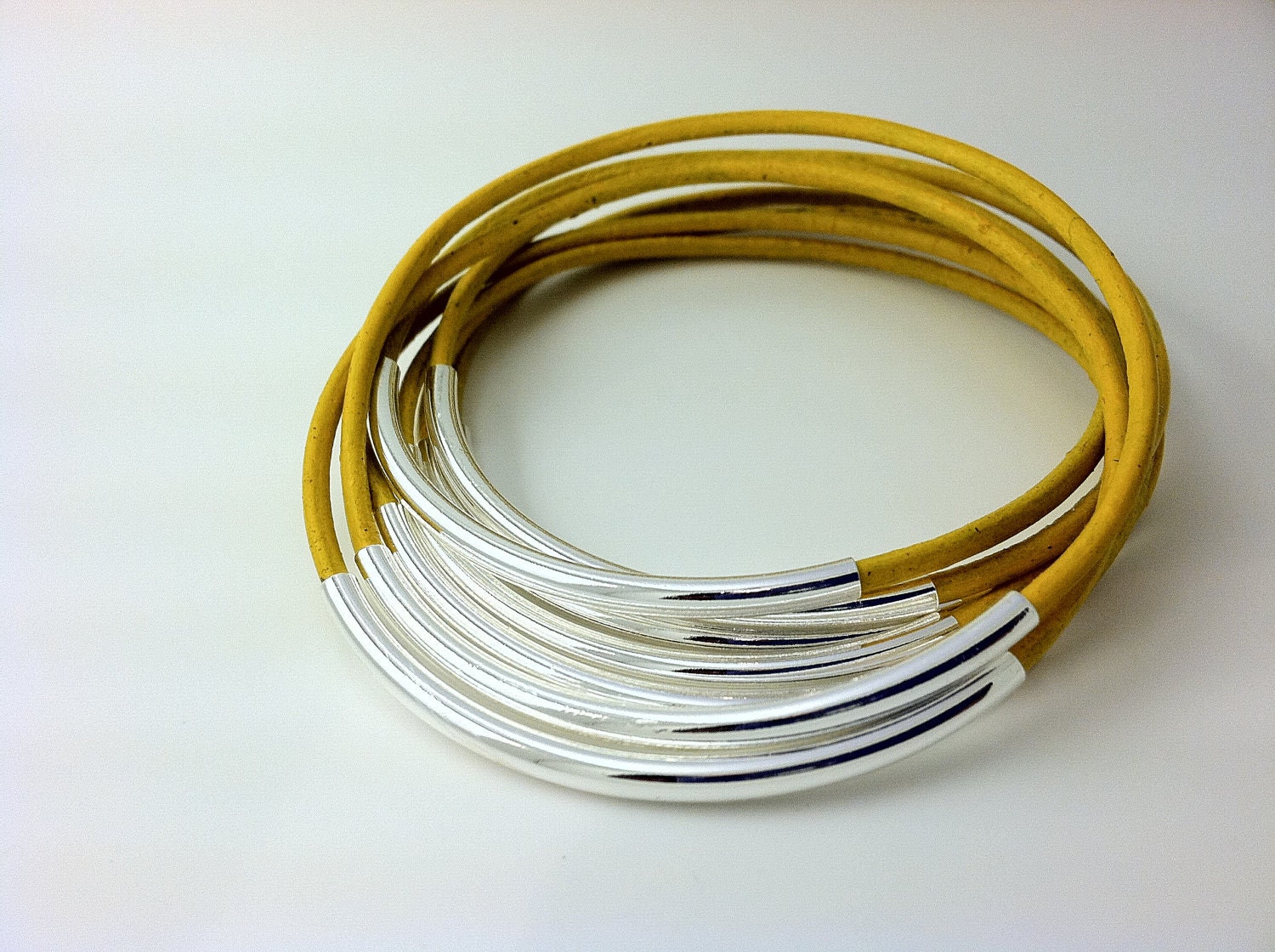 Yellow leather bangles with Silver Tube Beads, Leather bracelet