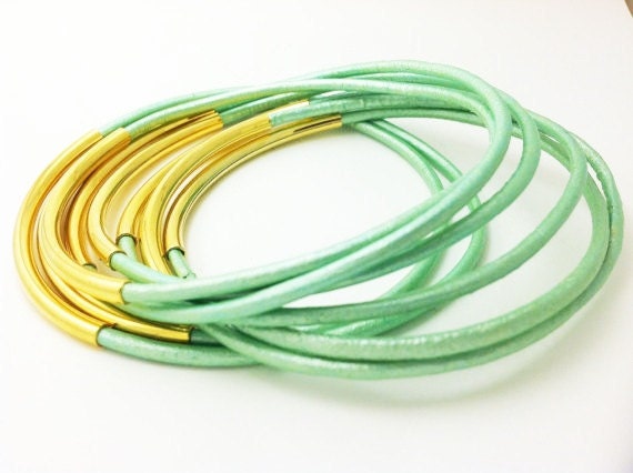 Bangle Bracelets- Oasis Turquoise Leather Bangle Bracelets with Gold or Silver Tube Beads