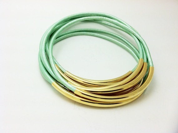 Bangle Bracelets- Oasis Turquoise Leather Bangle Bracelets with Gold or Silver Tube Beads