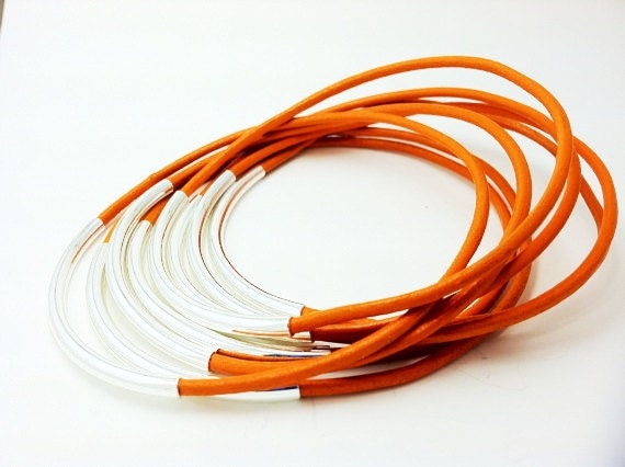 Tangerine Orange Bracelets- Leather Bangle Bracelets, Orange Bangles, Bohemian Bracelets, Fashion 2012 Trends, Fall Trends