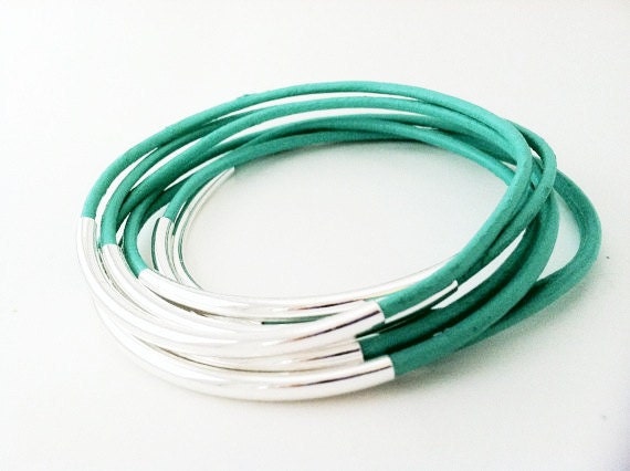 Mint Leather Bangle Bracelets with Silver or Gold tubes