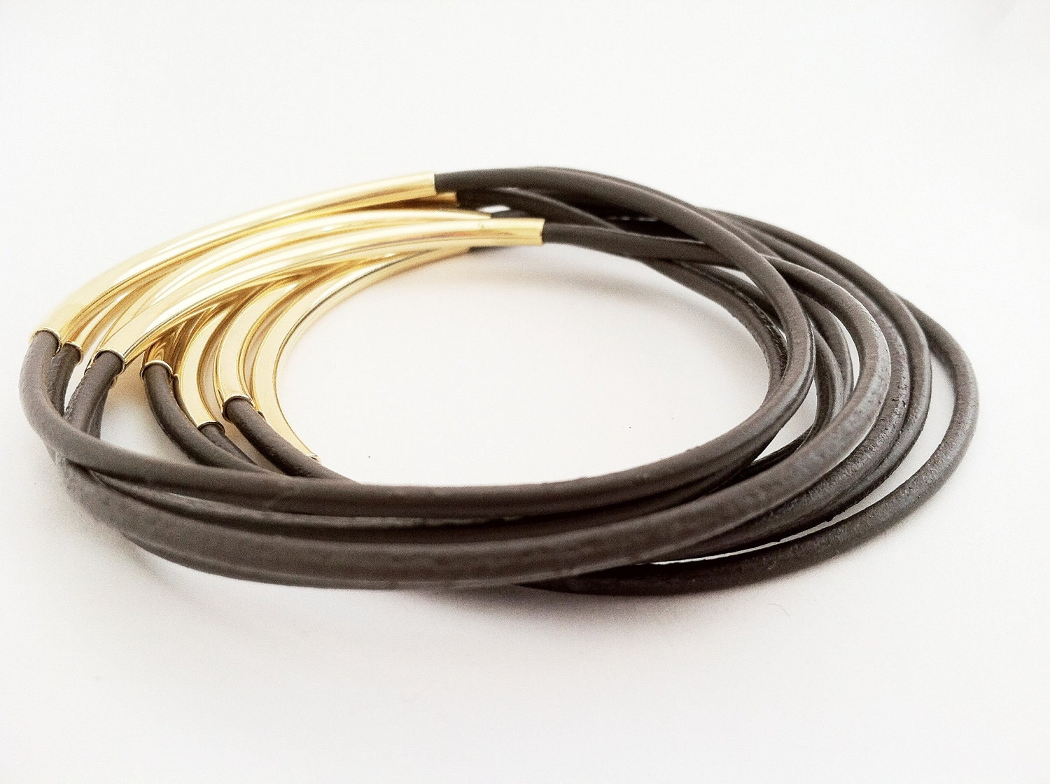 Chocolate Milk Leather Bangles with Gold or Silver tube Accents