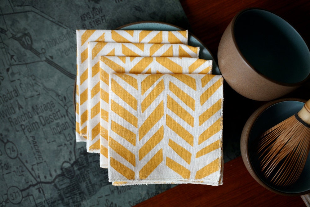 Linen Cocktail Napkins - Four Feathers in Maize on Ivory Linen (set of 4)