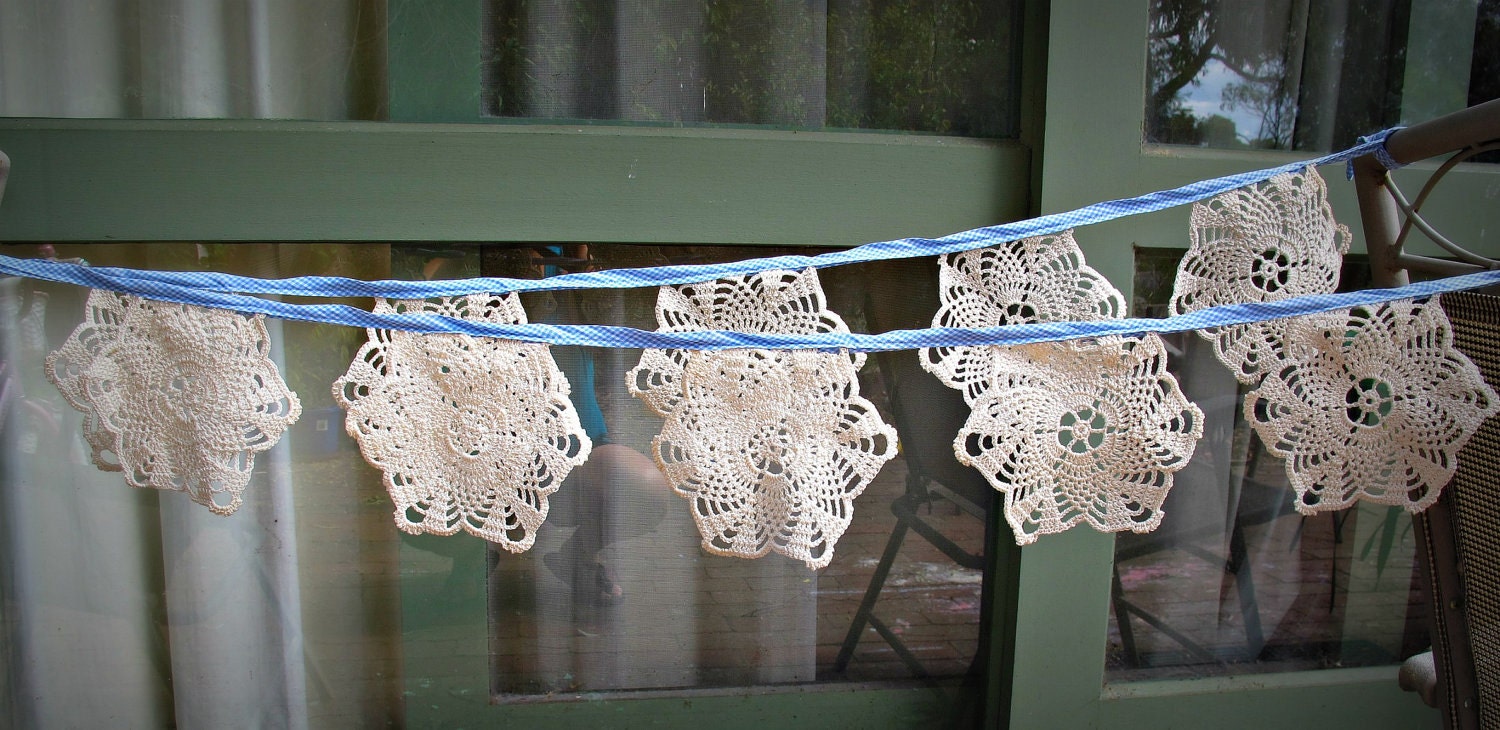 Bunting Vintage Doily Snowflake Doilies Bridal Banner Upcycled Wall Hangings. Blue Gingham Crochet OOAK