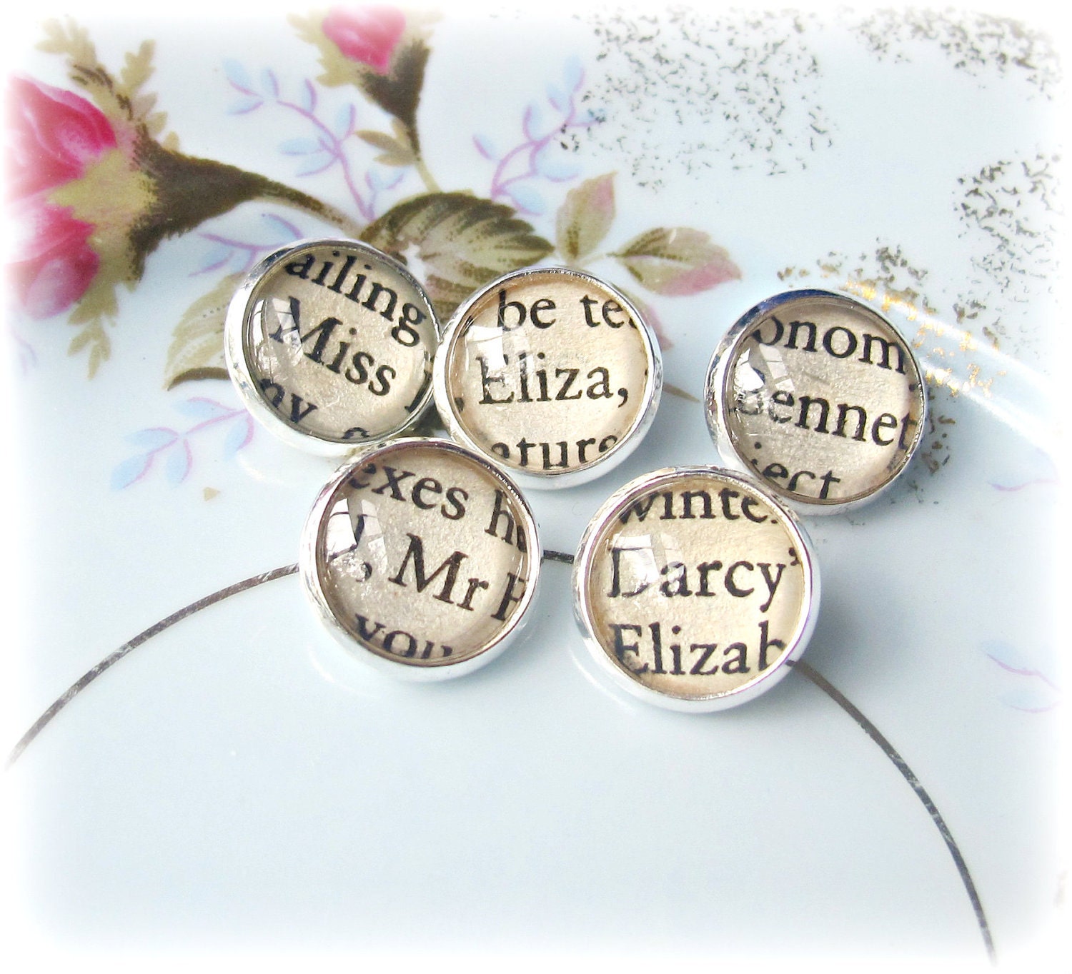 Handmade Buttons Set I Pride and Prejudice Jane Austen Mr Darcy Elizabeth Bennet Vintage Upcycled Silver Text Book