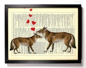 Fox Love, Romance, Cute, Antique Book Art, Old Book Art, Upcycled Vintage Dictionary Book Page, 8 x 10 Print