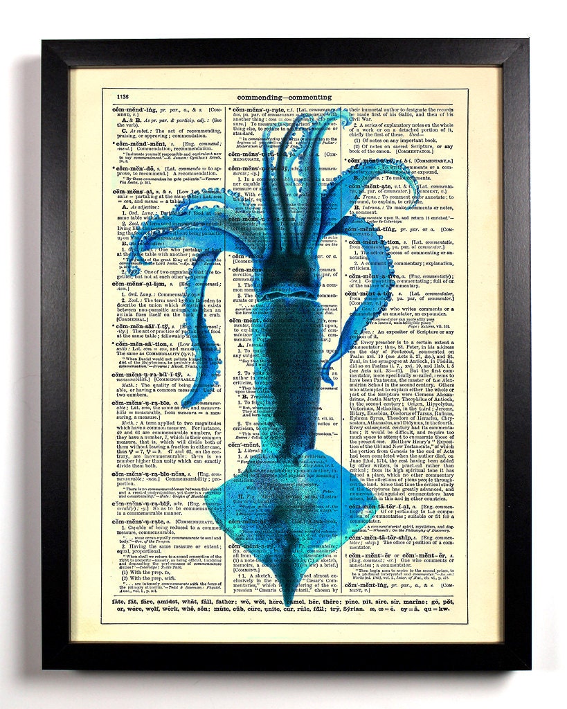 Berry Blue Squid Repurposed Book Upcycled Dictionary Art Vintage Book Print Recycled Vintage Dictionary Page Buy 2 Get 1 FREE