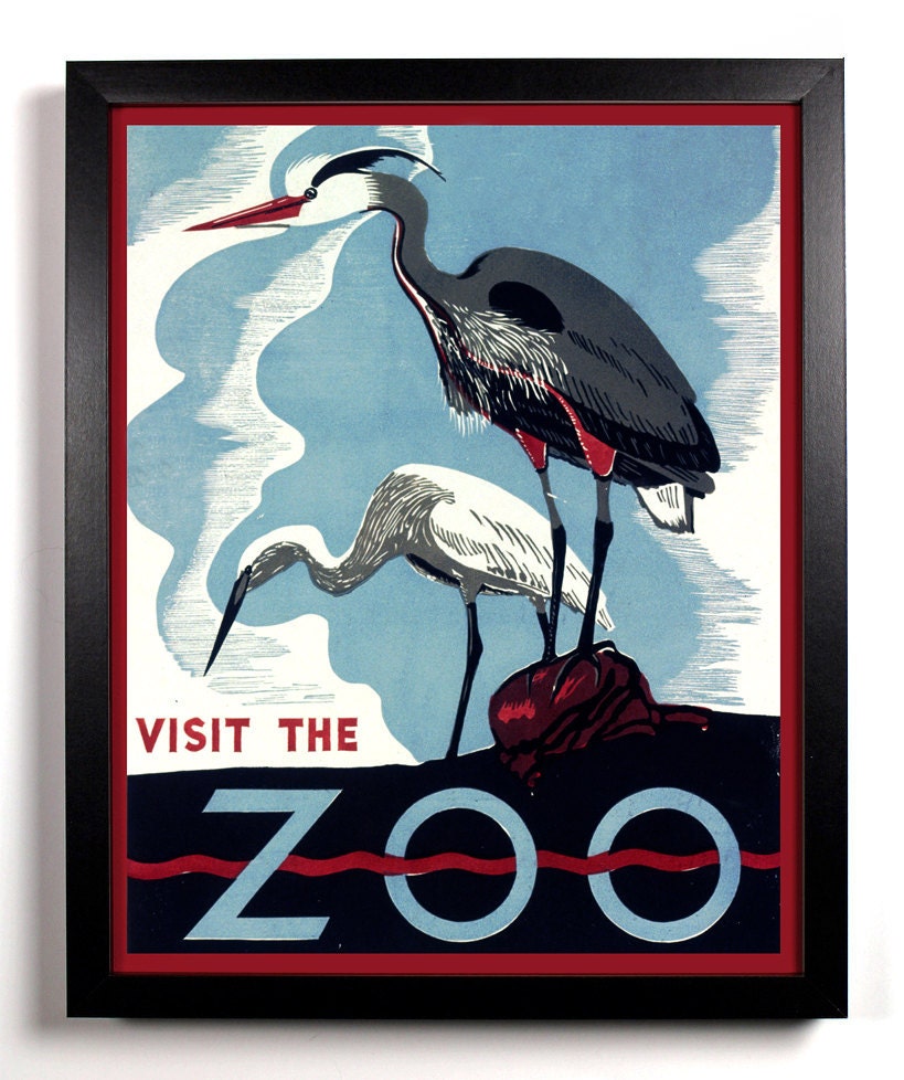 Visit The Zoo Retro 1930s Americana Print,  8 x 10 Wild Animal Zoo Fun Family Outtings, Buy 2 get 1 FREE