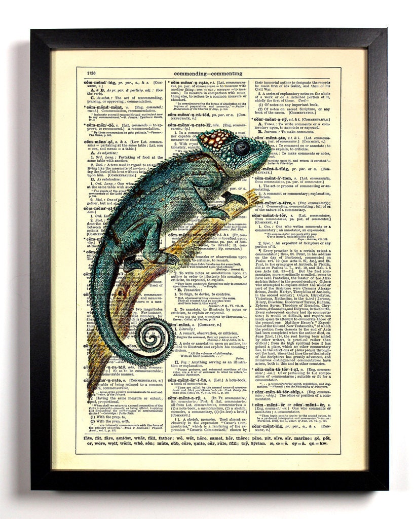 The Colorful Chameleon, Lizard, Reptile, Antique Book Print, Upcycled Vintage Dictionary Book Page, 8 x 10 Print