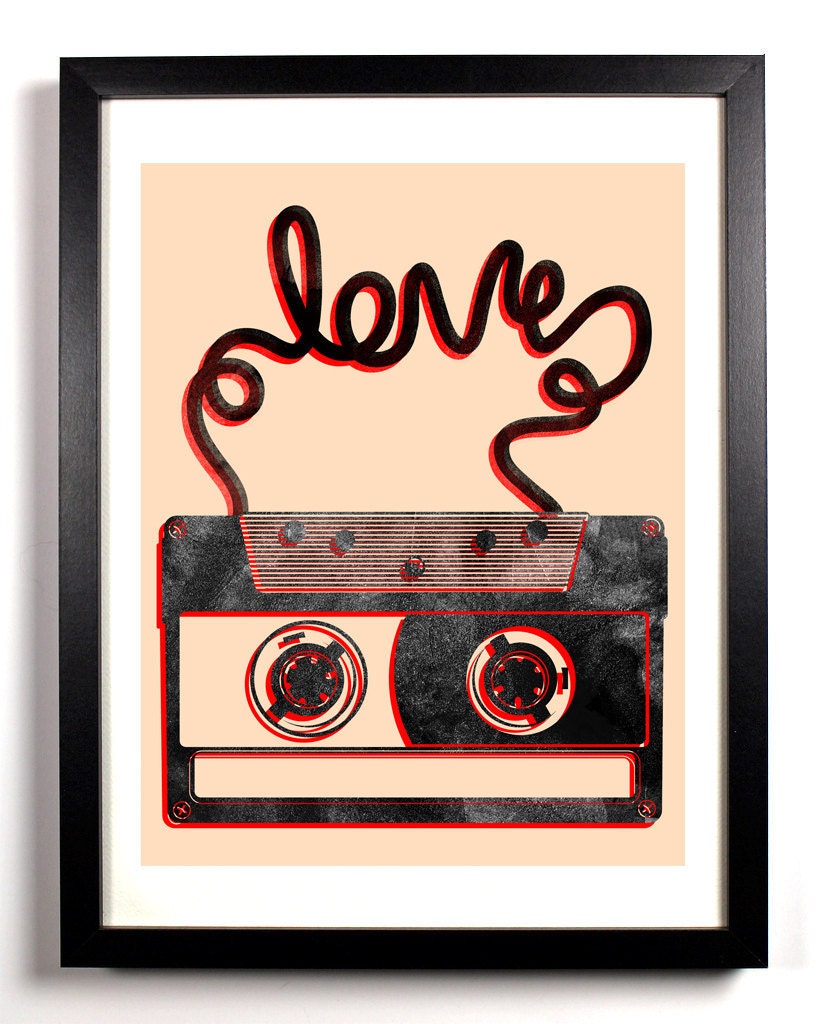 Old School Cassette Tape Love, Art Print, 8 x 10