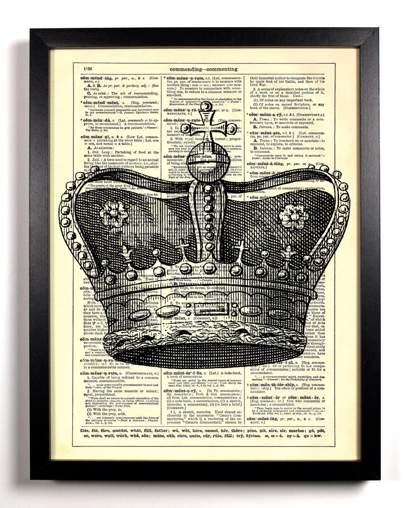 Engraved Royal Crown Repurposed Book Upcycled Dictionary Art Vintage Book Print Recycled Vintage Dictionary Page Buy 2 Get 1 FREE