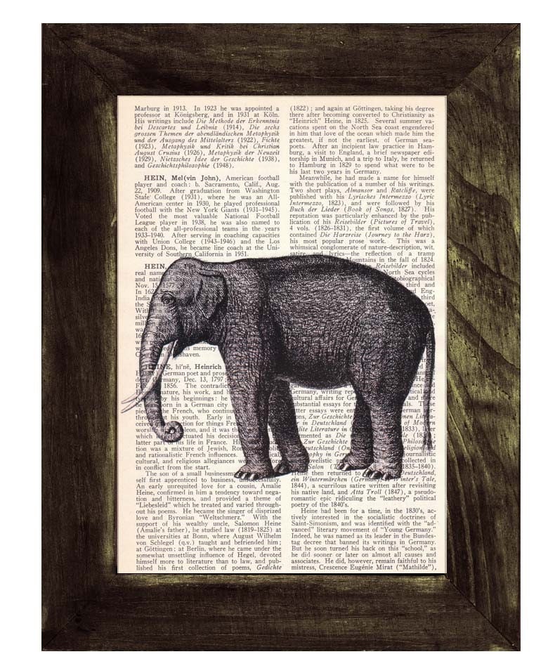 Elephant Dictionary Book Print - Altered art on upcycled book pages