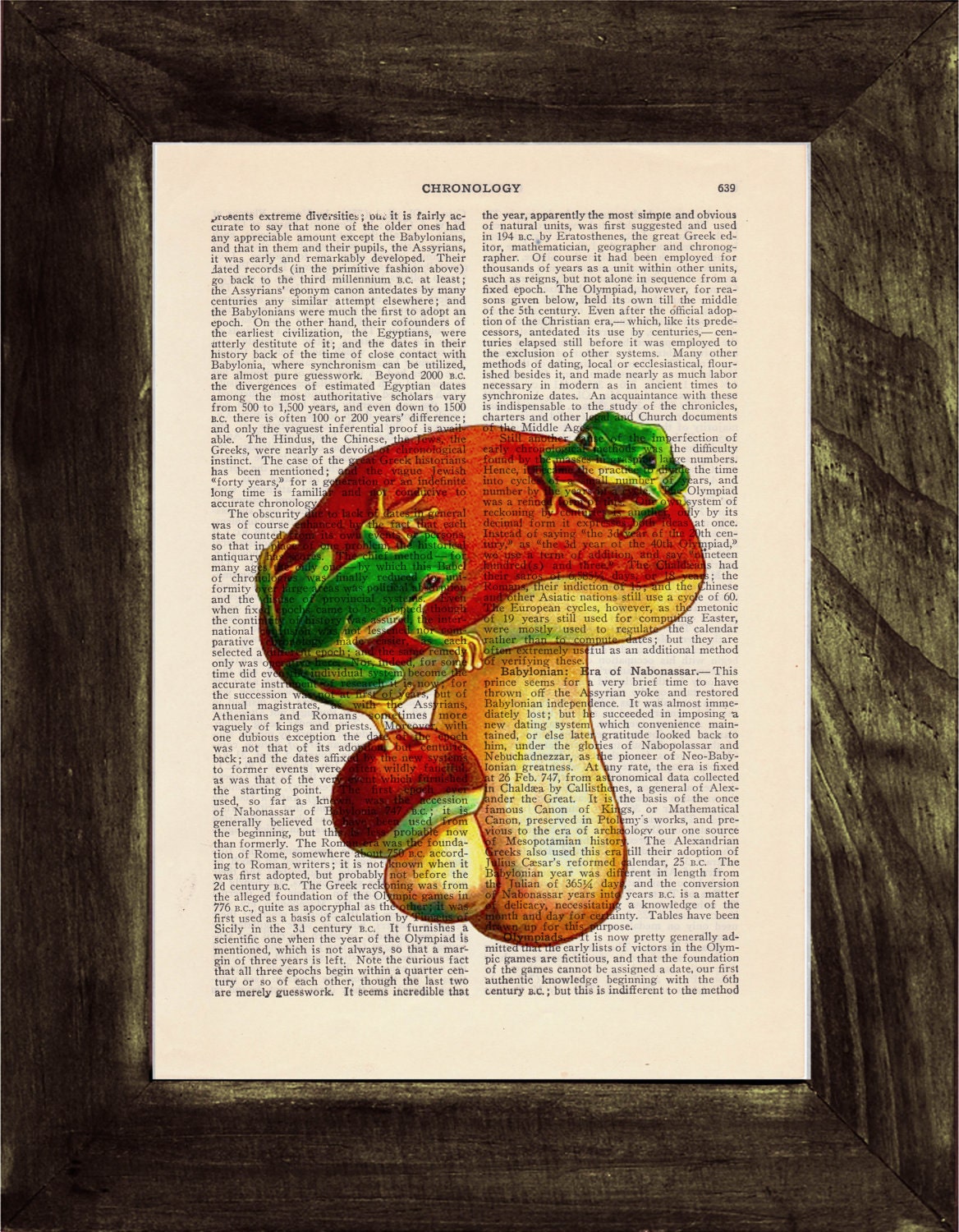 Little frogs on a mushroom Dictionary Book Print - Altered art on upcycled book pages