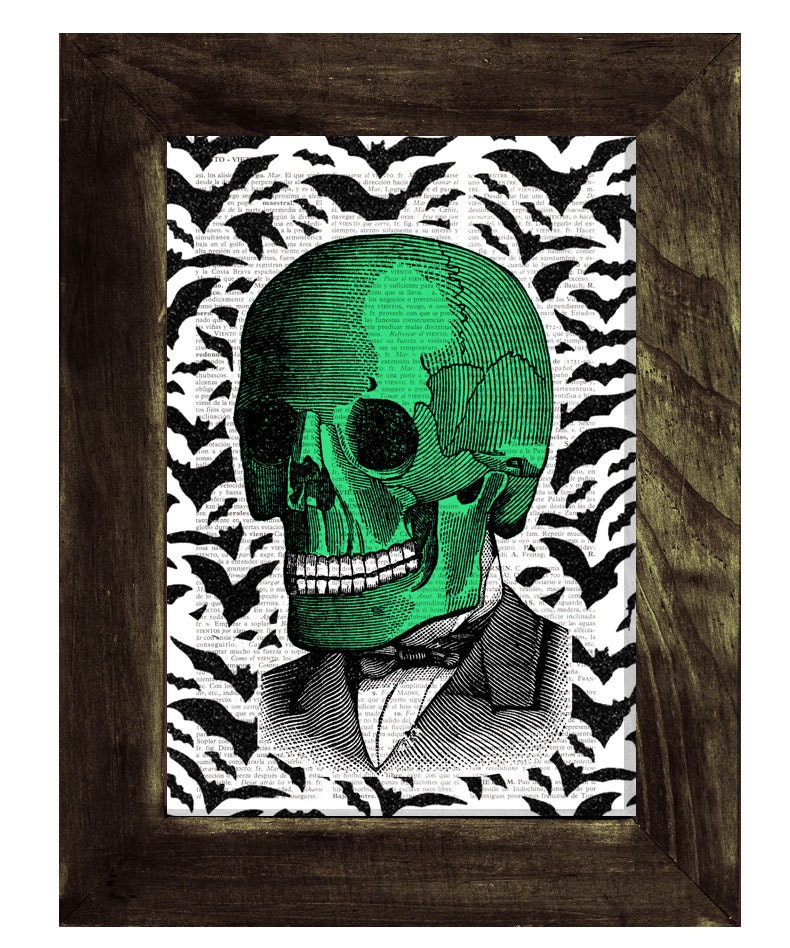 Halloween Calavera Man green skull and bats  Print on Vintage Book