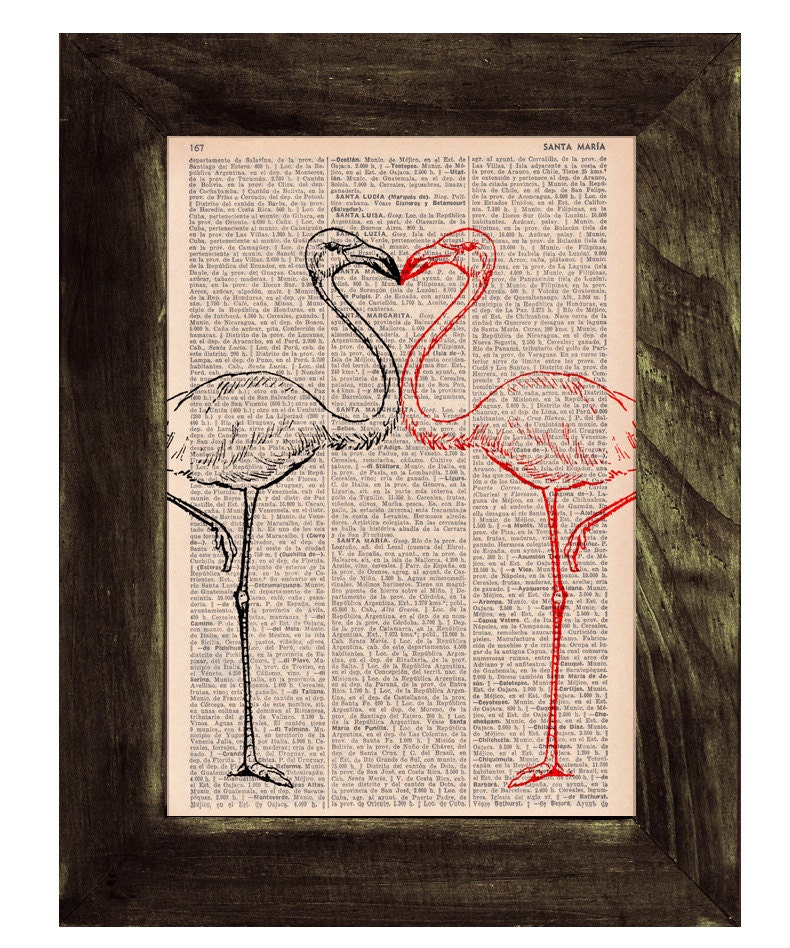 Flamingos in love - Bird Print on Vintage Book - Buy 3 Get 1 Free