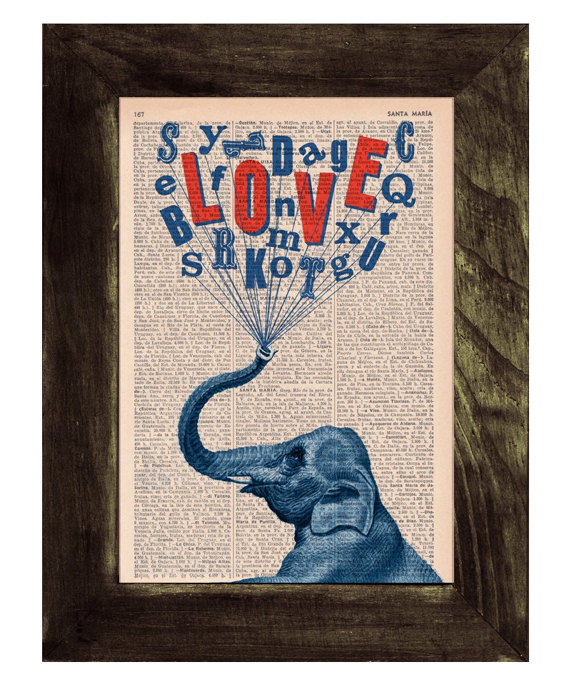 Elephant in love book print - Elephant in love - collage Printed on vintage dictionary book page