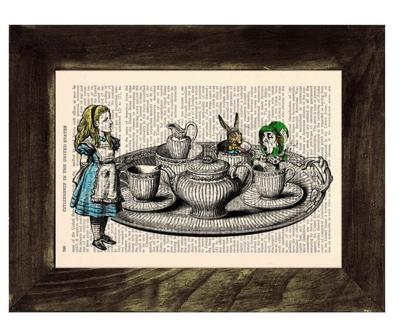 Alice in wonderland Alice in Prrintland Tea time with friends - Alice in Wonderland Collage Print on Vintage Dictionary Book art
