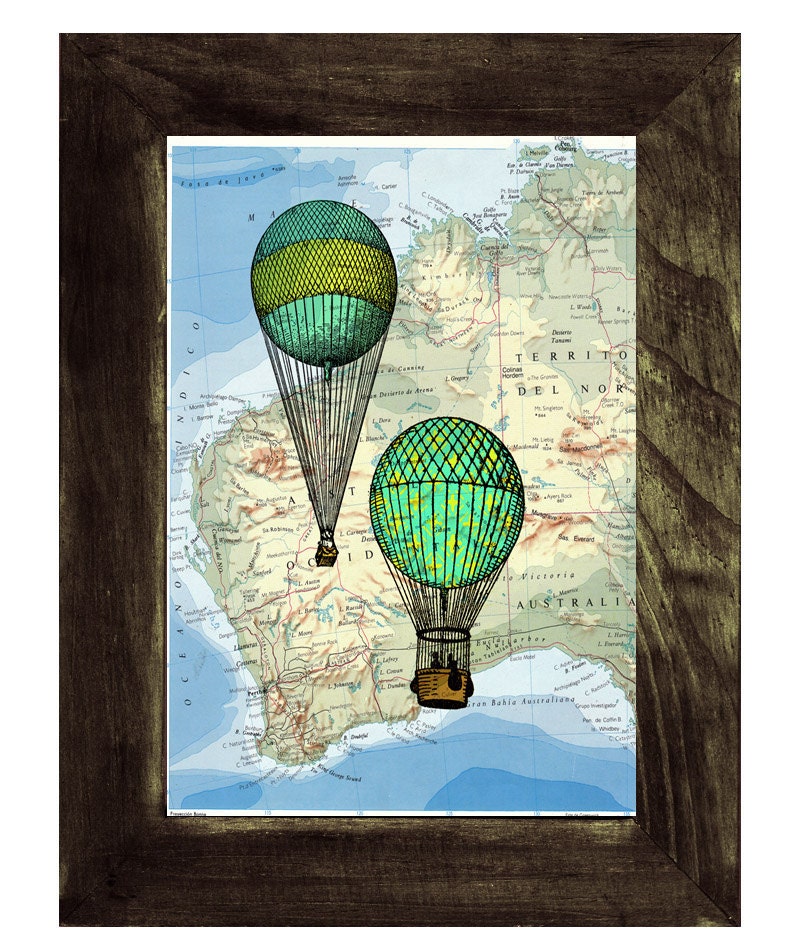 Hot air Balloons print on a Map from  Vintage Atlas Book Print  map print Balloon Print on Vintage Book art