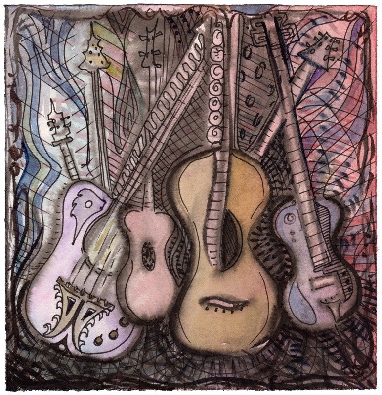 Guitars in the Attic - Original Watercolor and Ink Painting on Arches paper